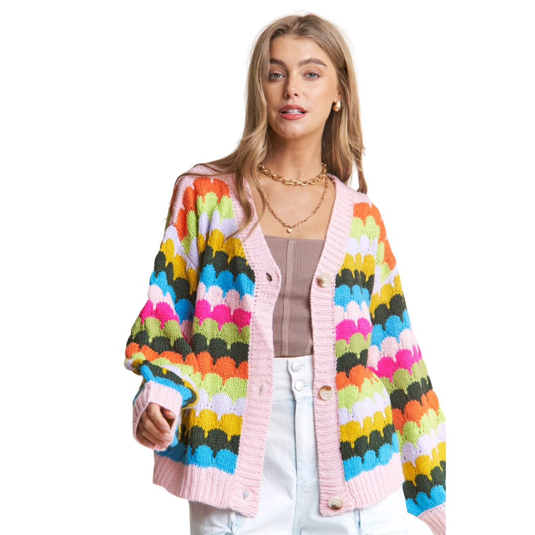 Fish Scales Multicolor Design Knit Cardigan