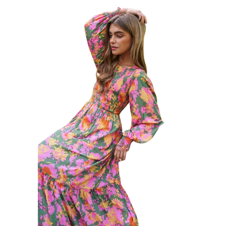 Smocked Bodice Long Balloon Sleeve Maxi Dress