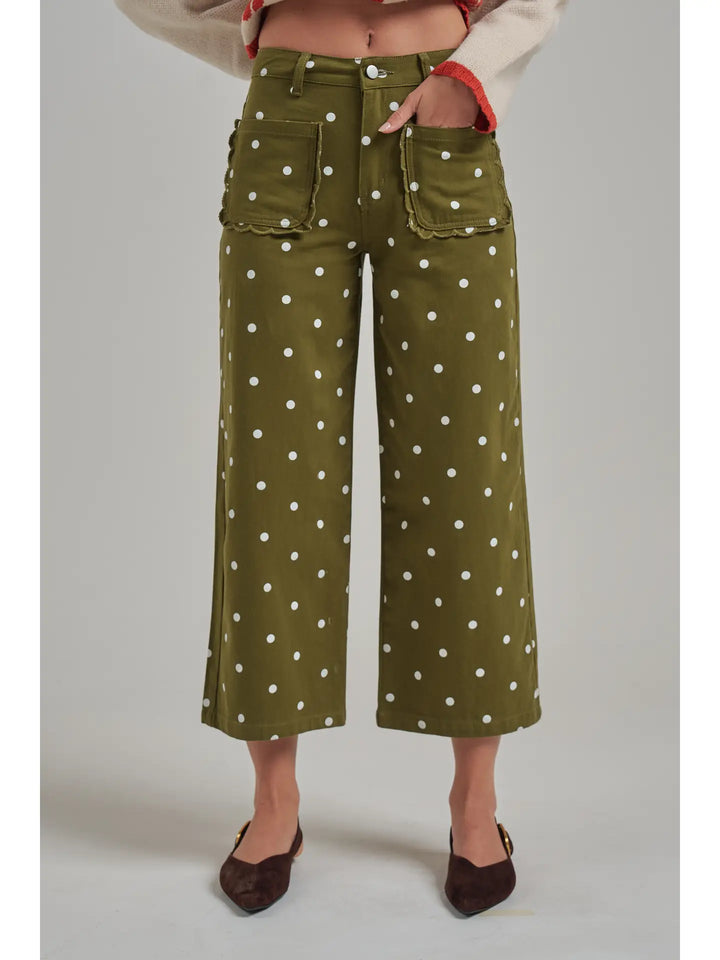 Wide Leg Polka Dot Twill Pants Scallop Pocket