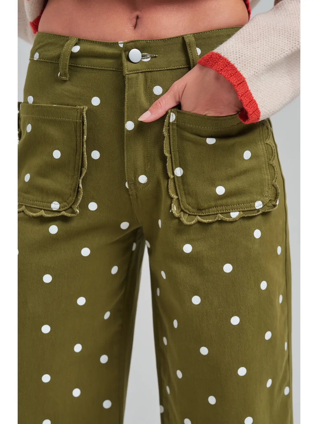 Wide Leg Polka Dot Twill Pants Scallop Pocket