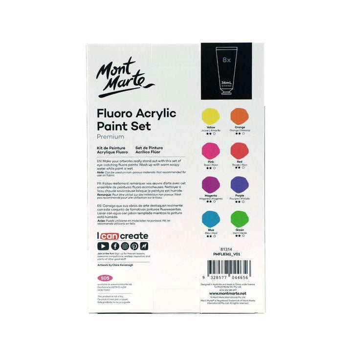 Fluro Acrylic Paint Set Premium 8pc x 36ml (1.2oz)