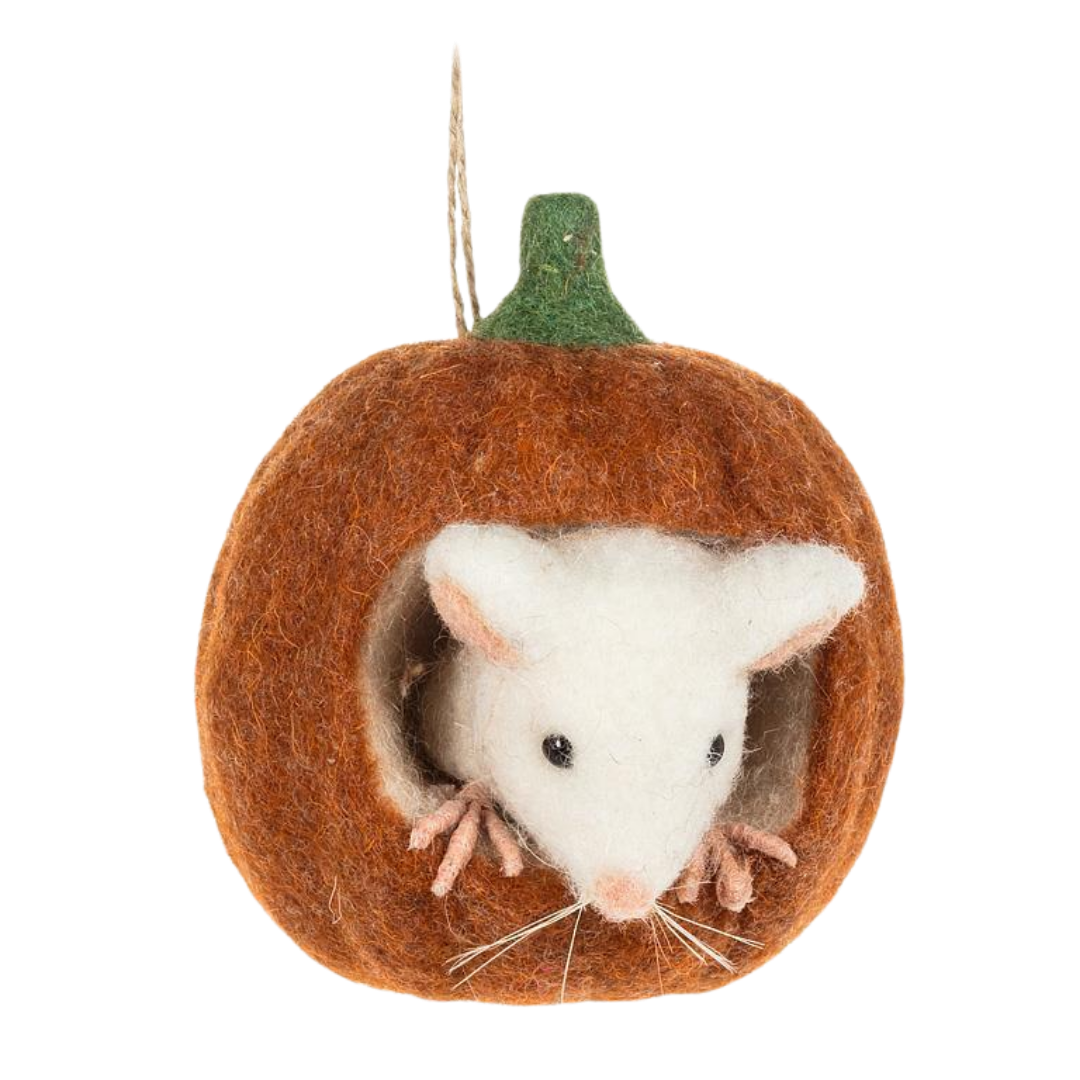 Mouse in Small Pumpkin Felt Ornament
