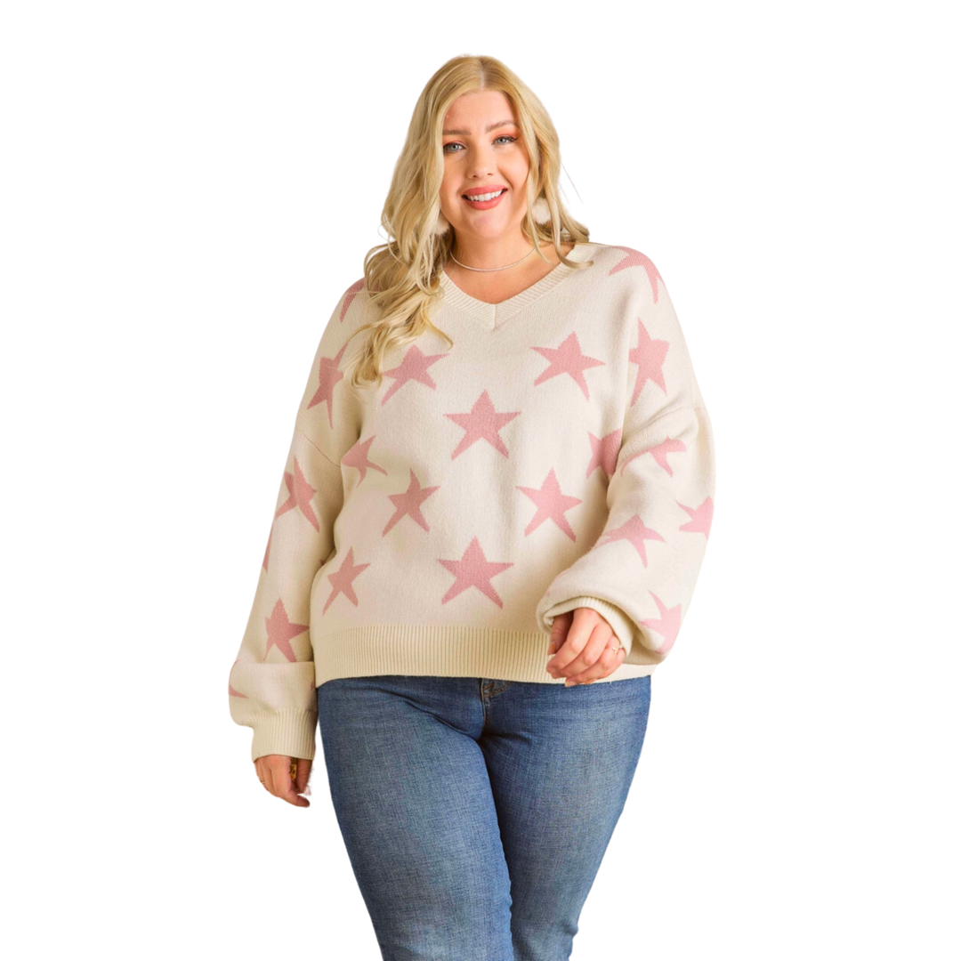 Plus Size Comfy Star Sweater Top - Ivory/Mauve
