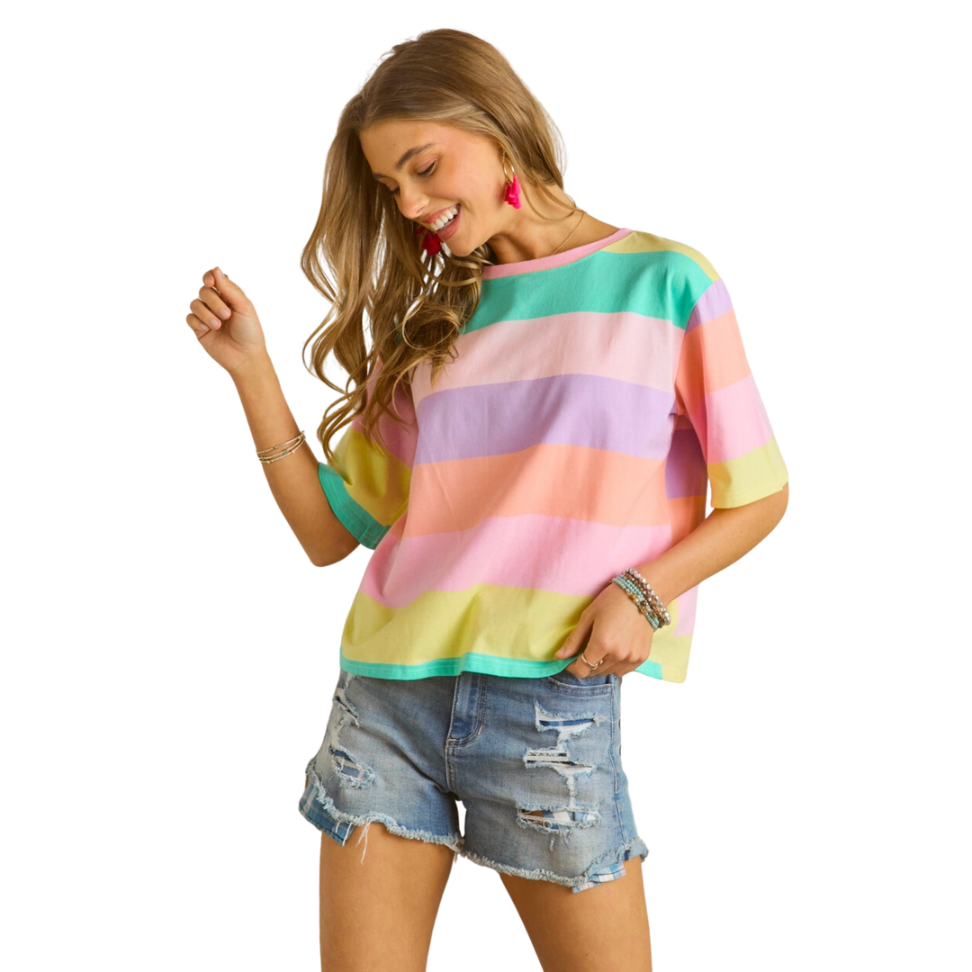 Multicolor Stripe Casual Top - Pink/Yellow/Mint