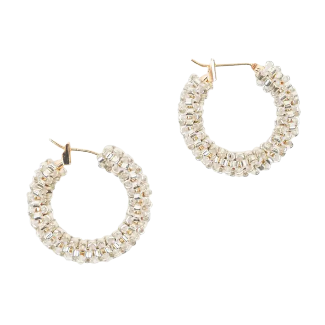 Silver Delica Small Beaded Hoop Earrings