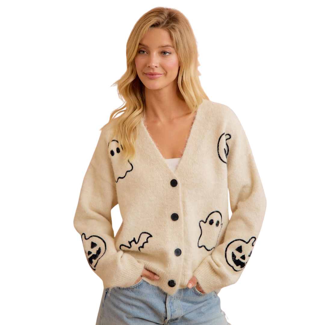 Halloween Ghost Pumpkin Button Cardigan