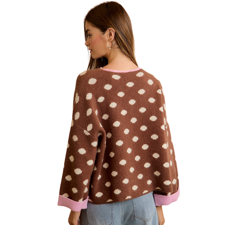 Contrast Neck and Roll up Detail Polka Dot Sweater