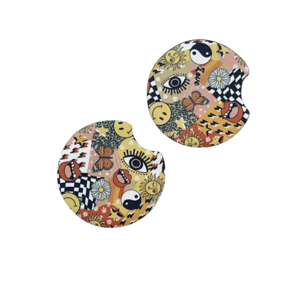 2 Car Coasters, Orange Retro Collage Style