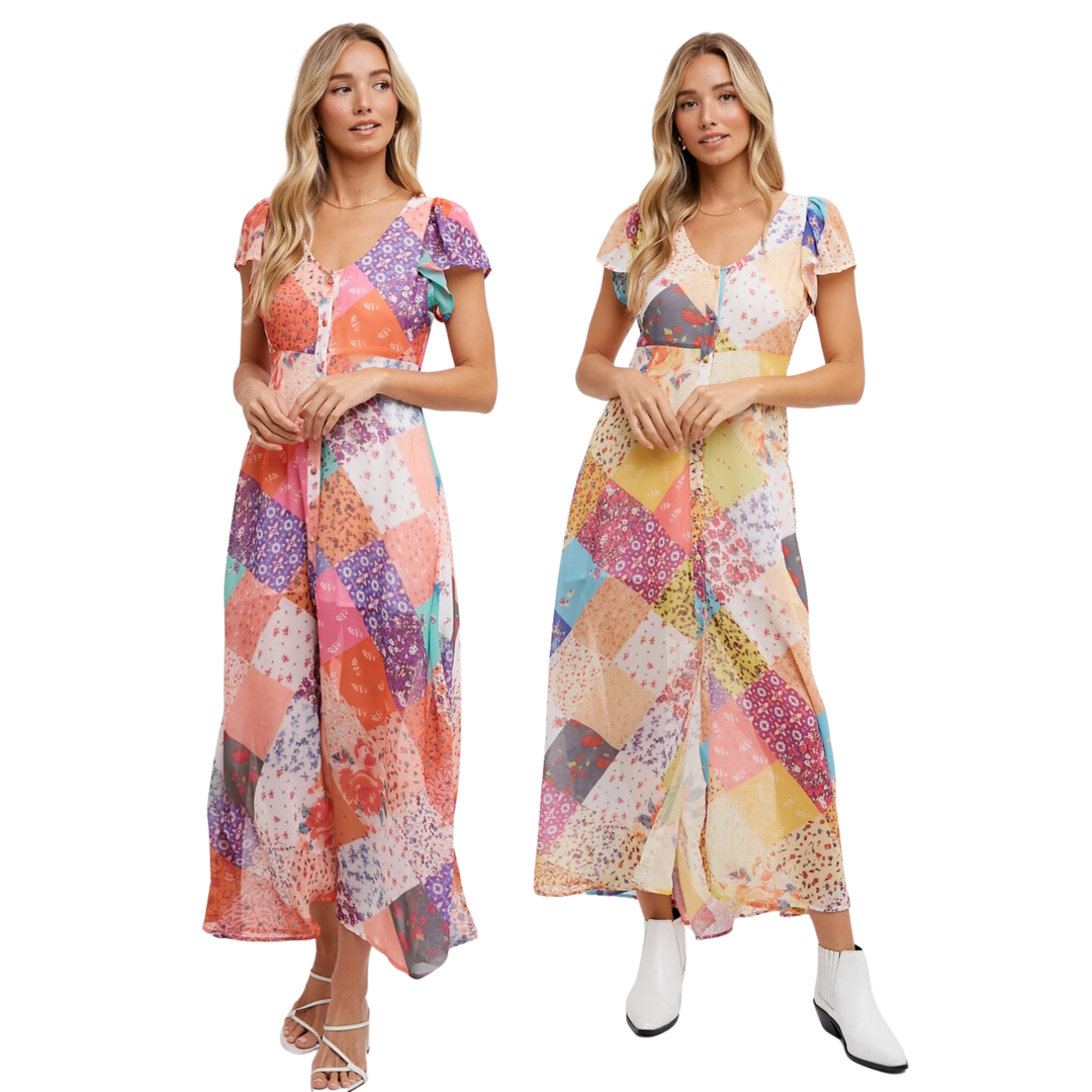 Quilt Printed Button Down Maxi Dress