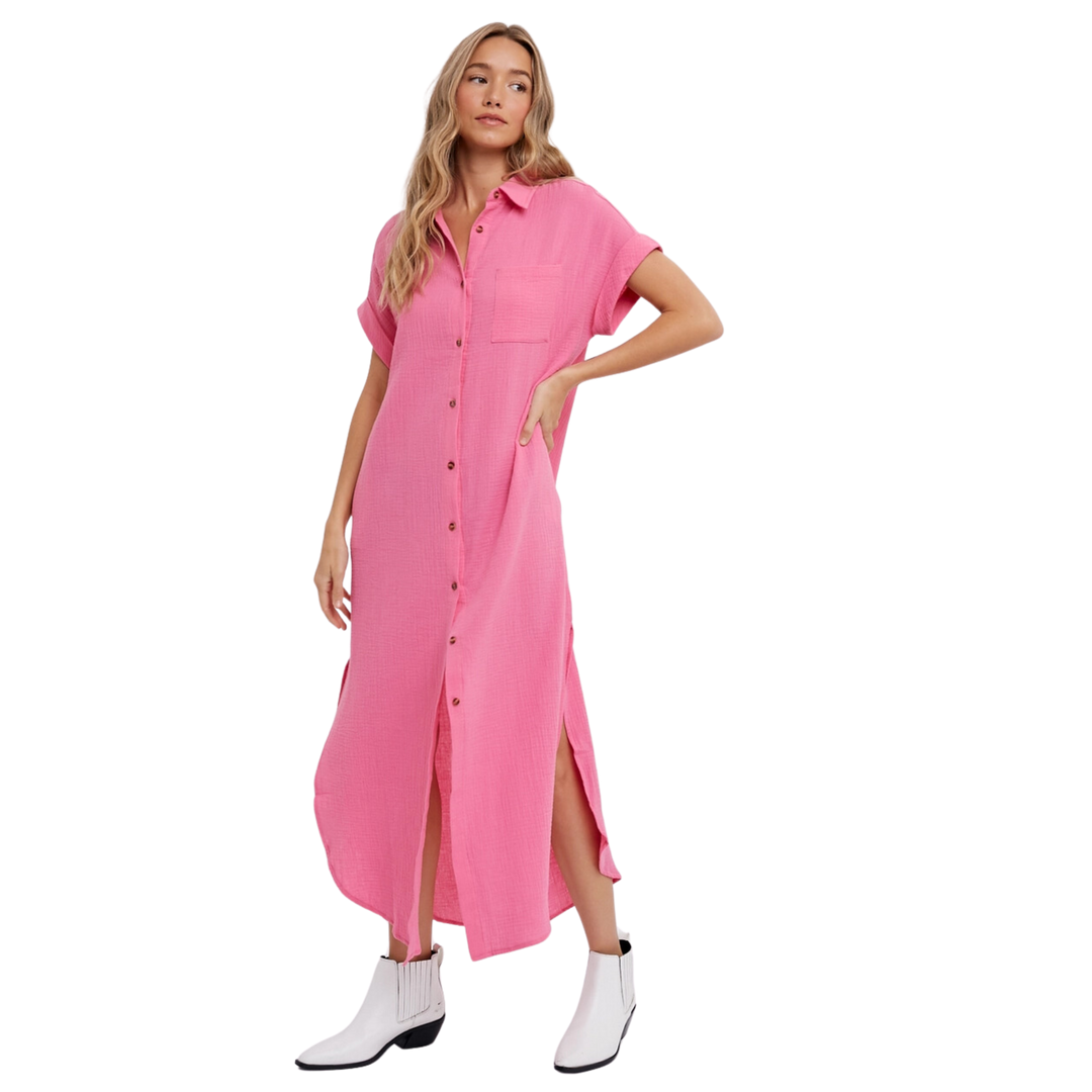 Button Up Maxi Shirt Dress - Barbie Pink Golden Hour Gift Co Button Up Maxi Shirt Dress - Barbie Pink Golden Hour Gift Co