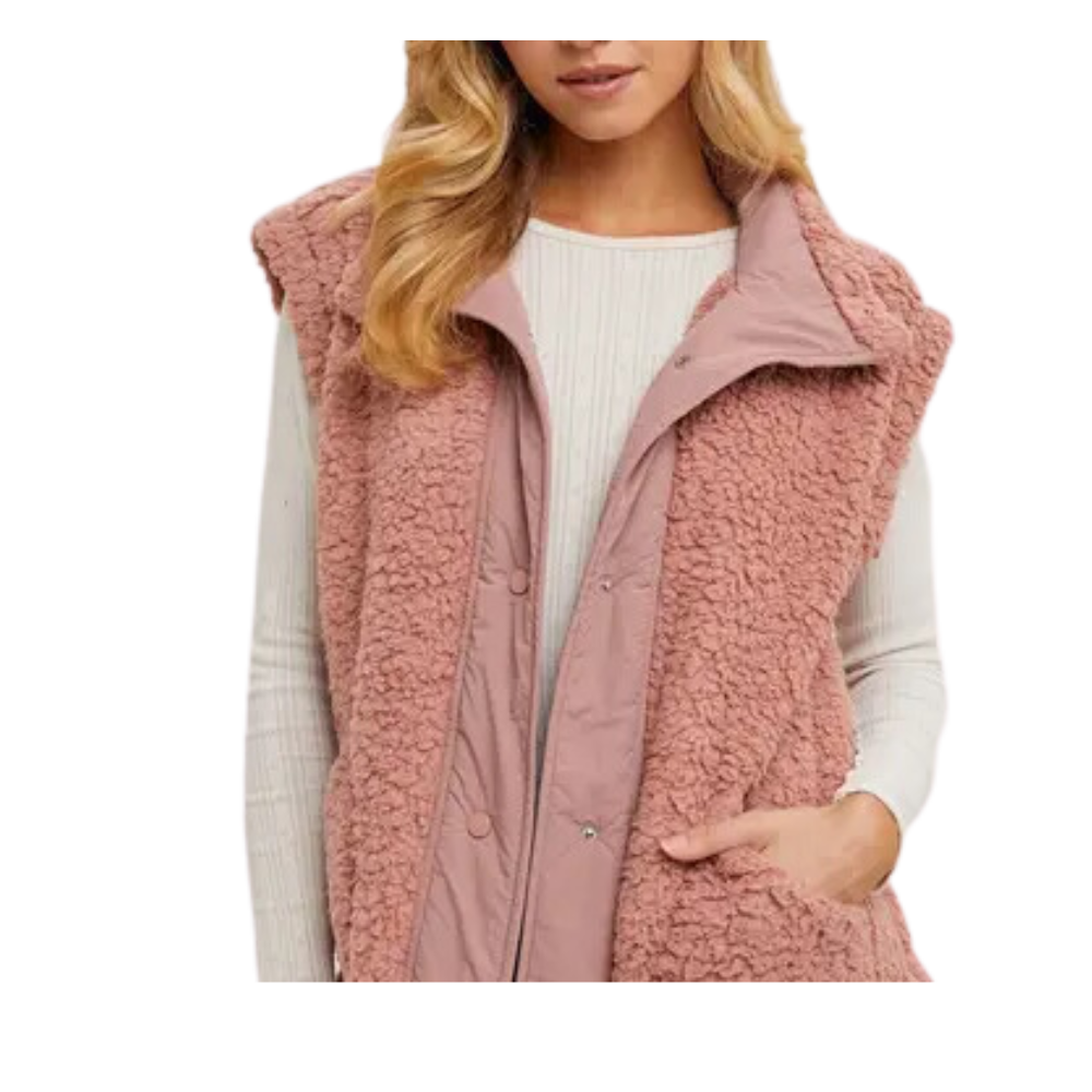 Button Down Mock Neck Fleece Sherpa Vest