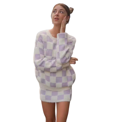 Fuzzy Checkered Sweater - Lilac