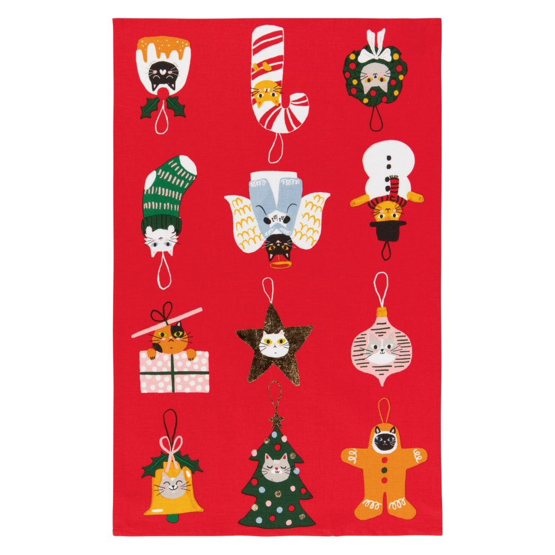 Bauble Cats Christmas Dishtowel in Red