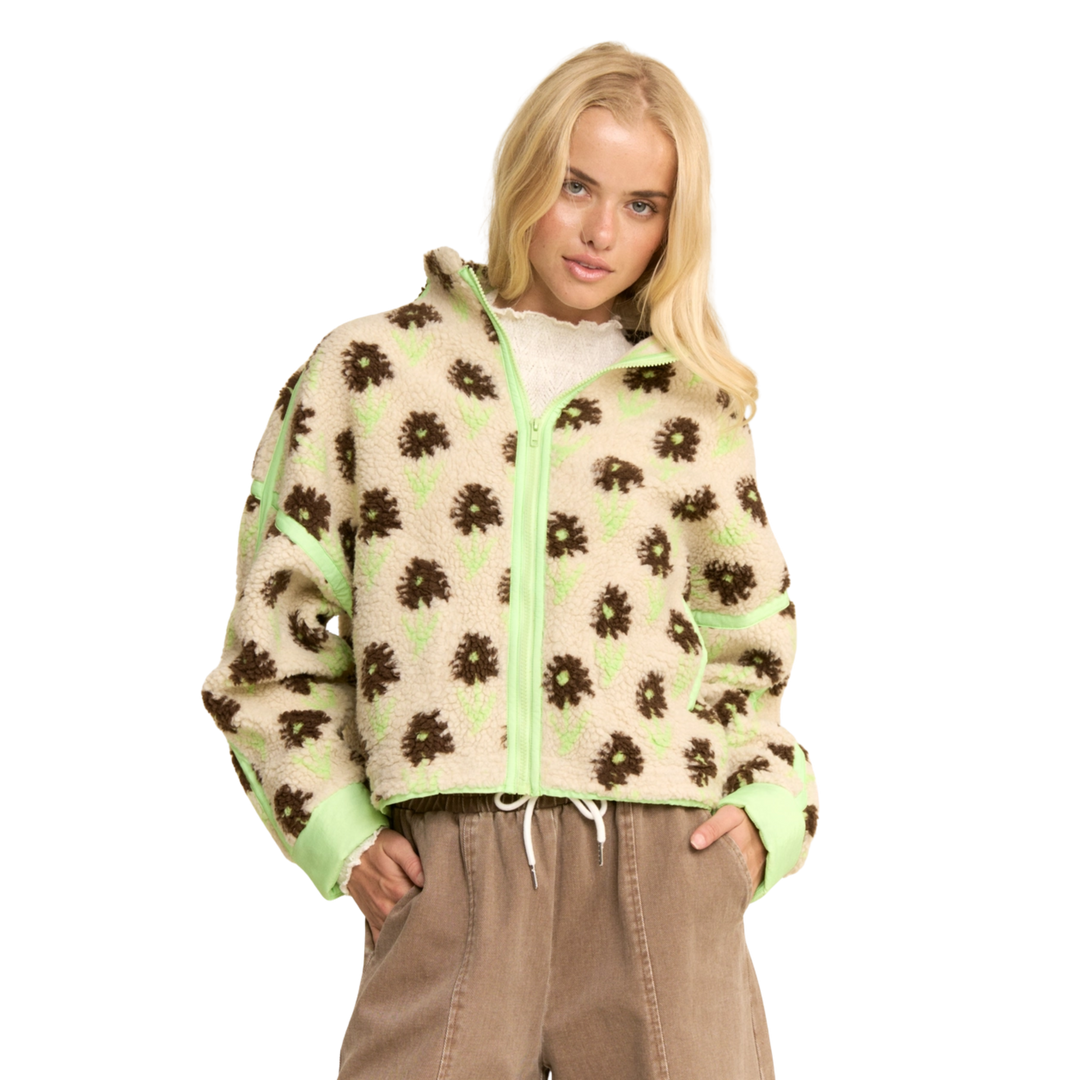 Faux Teddy Fur Flower Contrast Binding Jacket