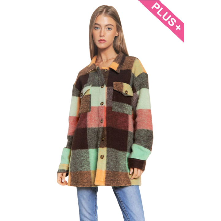 Plus Multi Color Plaid Fuzzy Brushed Shacket