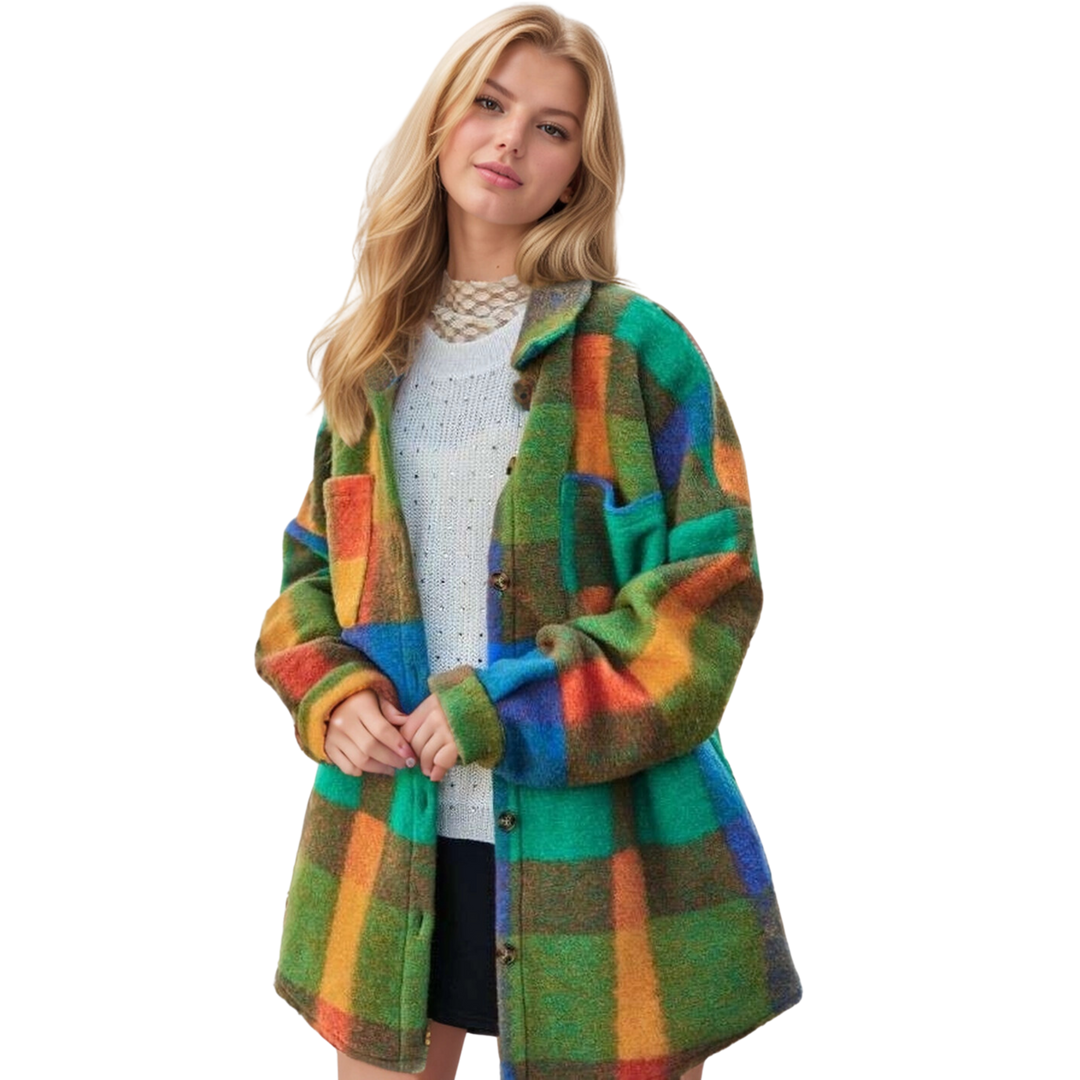 Multi Plaid Fuzzy Button Front Oversized Jacket