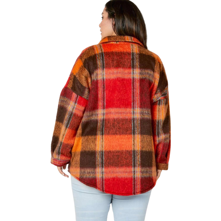 Plus Plaid Button Down Shirt with Front Pocket - Red