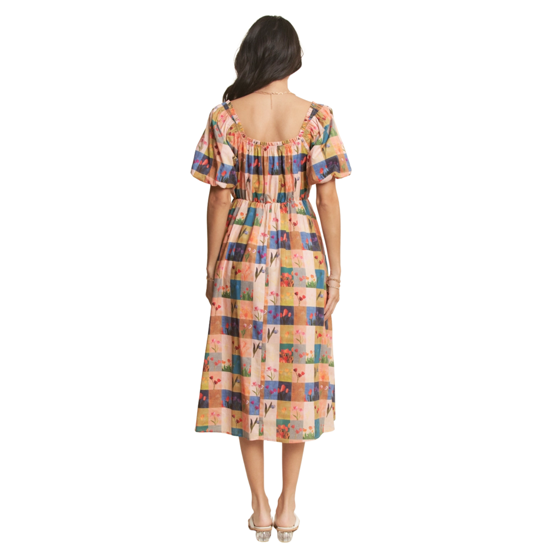 Multi Checker Floral Puff Sleeve Puff Midi Dress