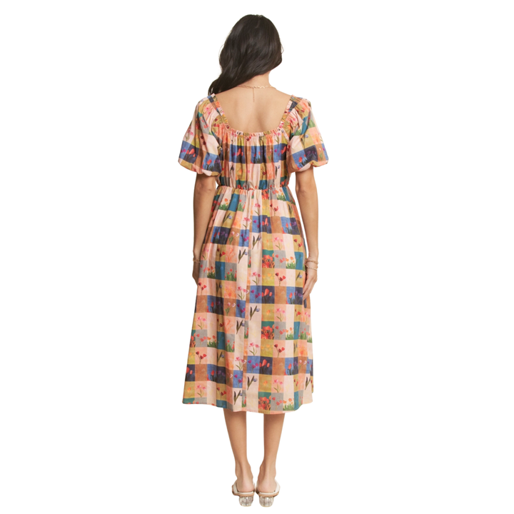 Multi Checker Floral Puff Sleeve Puff Midi Dress