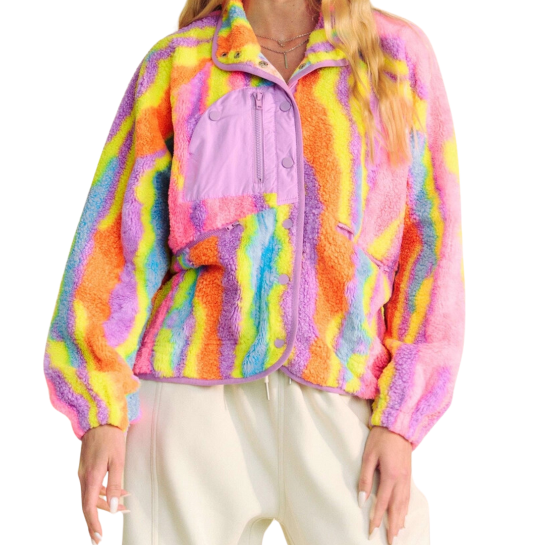 Fuzzy Multi Color Textured Zipper Pocket Jacket