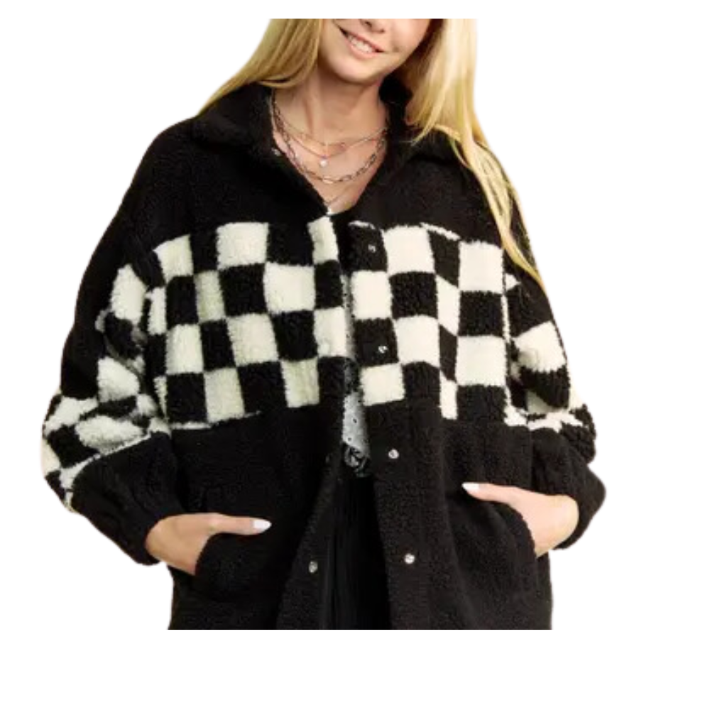 Faux Fur Checker Adjustable Bottom Jacket