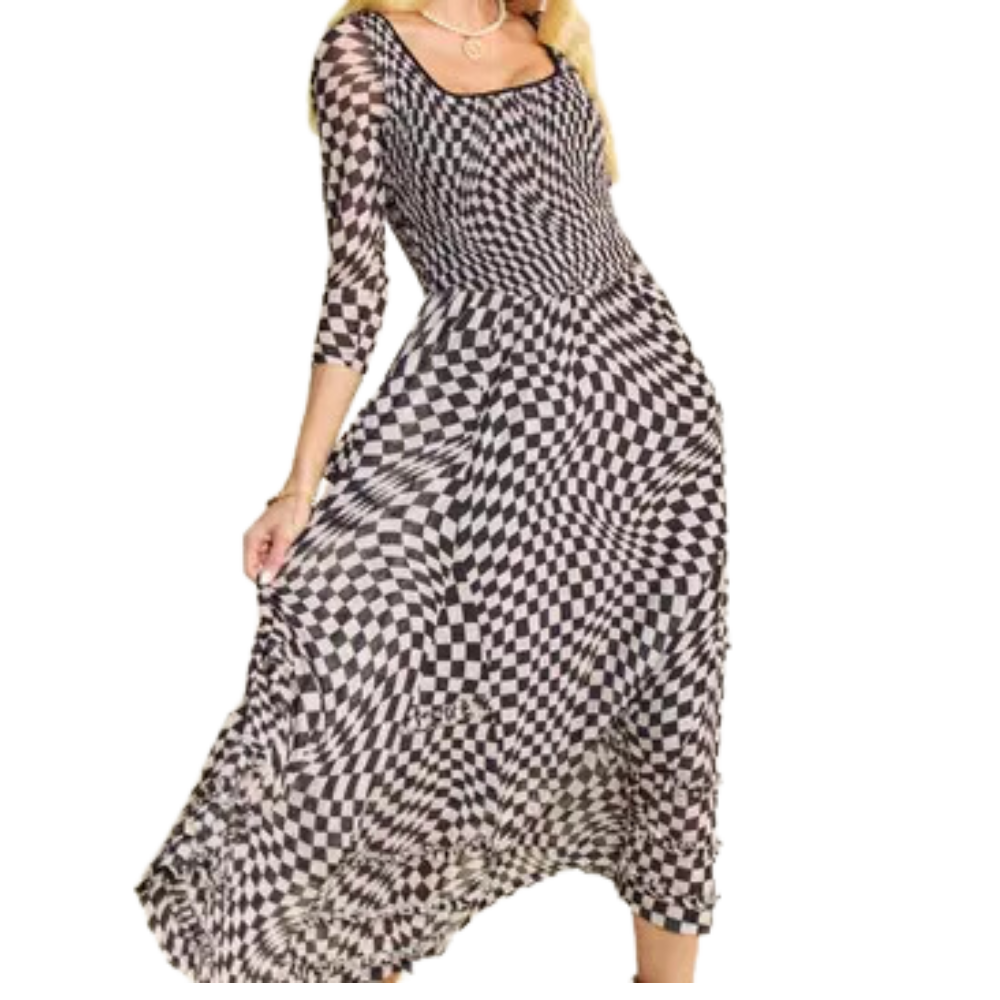 Plus Printed Checker Mesh Flowy Skirt Maxi Dress