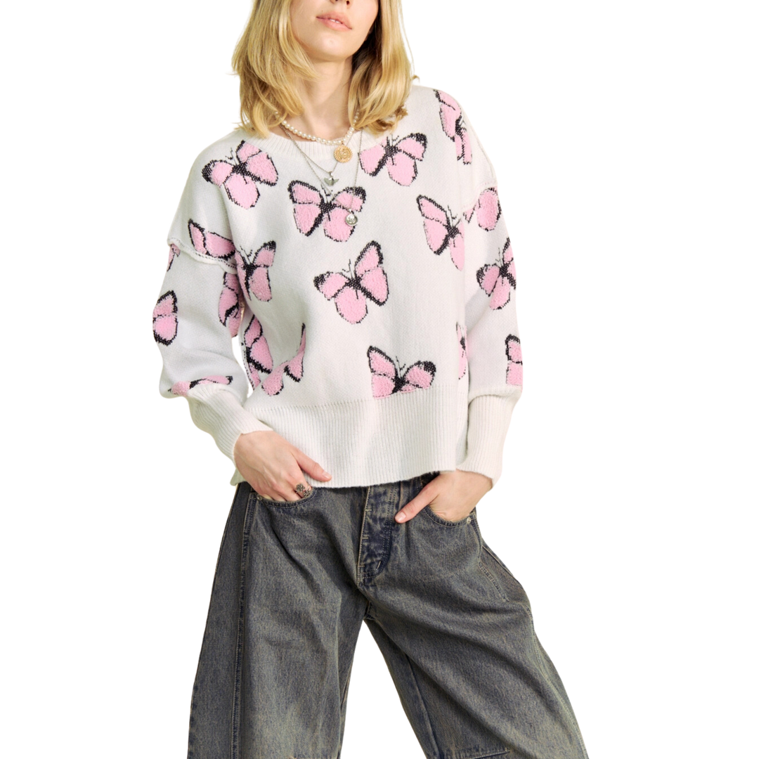 Fuzzy Butterfly Patchwork Pullover Sweater Top