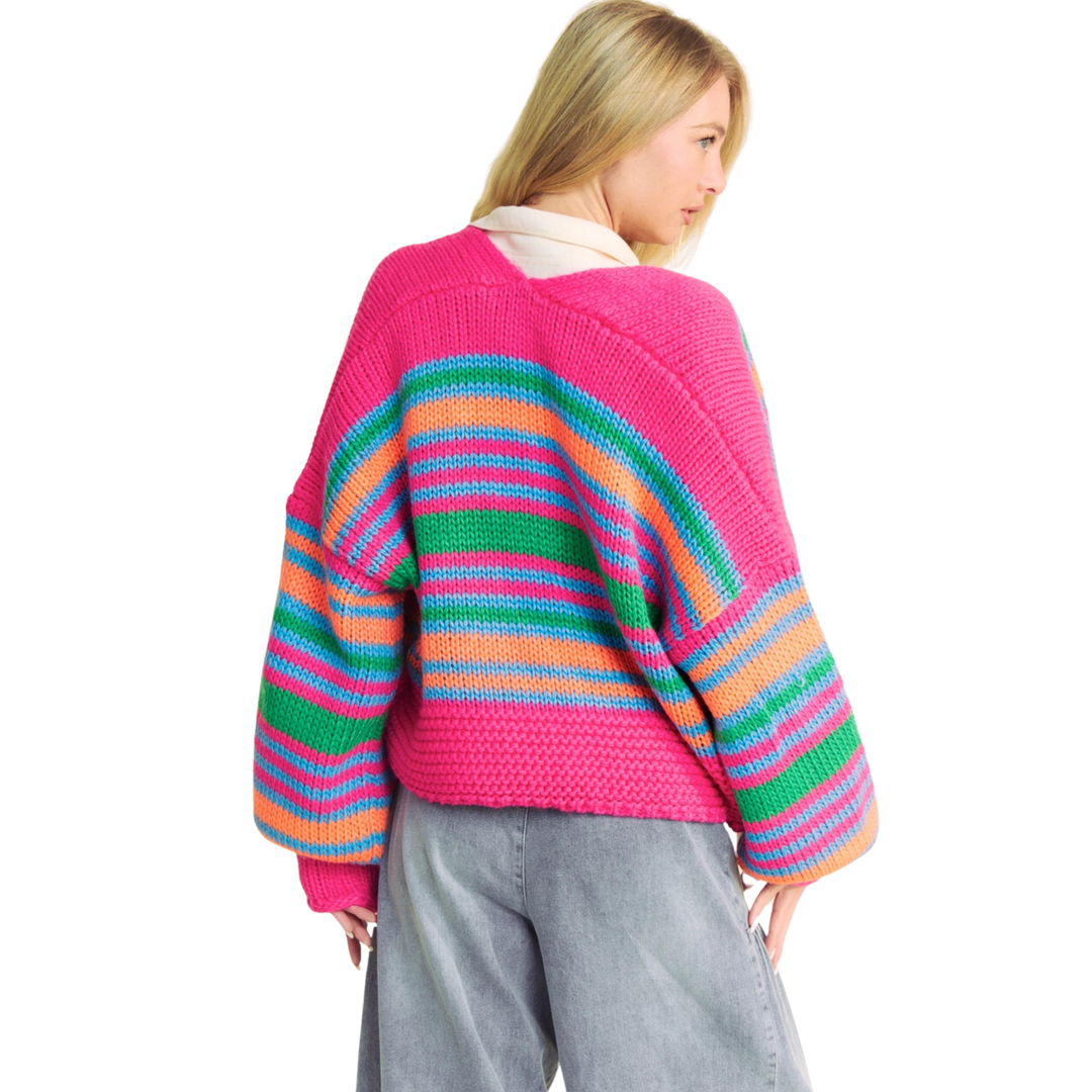 Chunky Knit Multi Striped Open Sweater Cardigan - Neon Multi