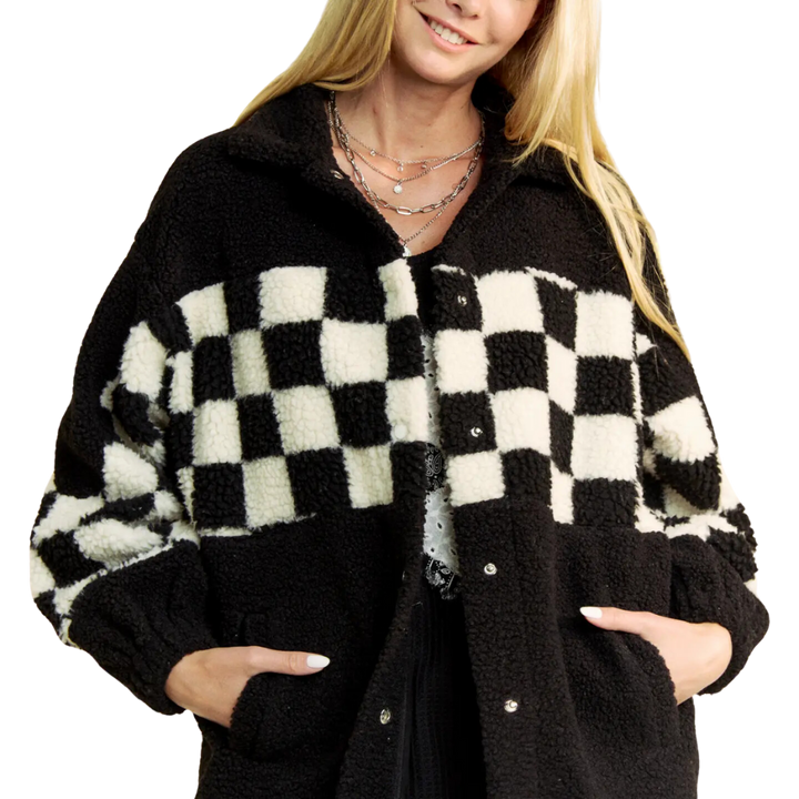 Faux Fur Checker Adjustable Bottom Jacket