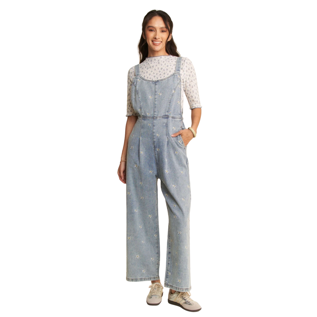 Daisy Embroidered Side Pocket Denim Overalls