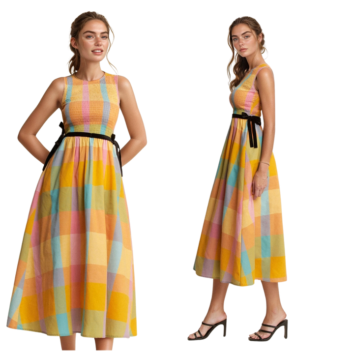 Multi Checker Smocked Waist Detil Midi Dress