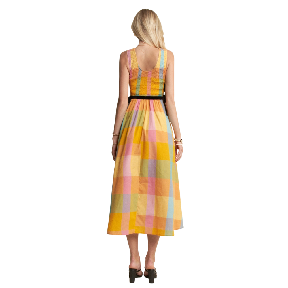 Multi Checker Smocked Waist Detil Midi Dress
