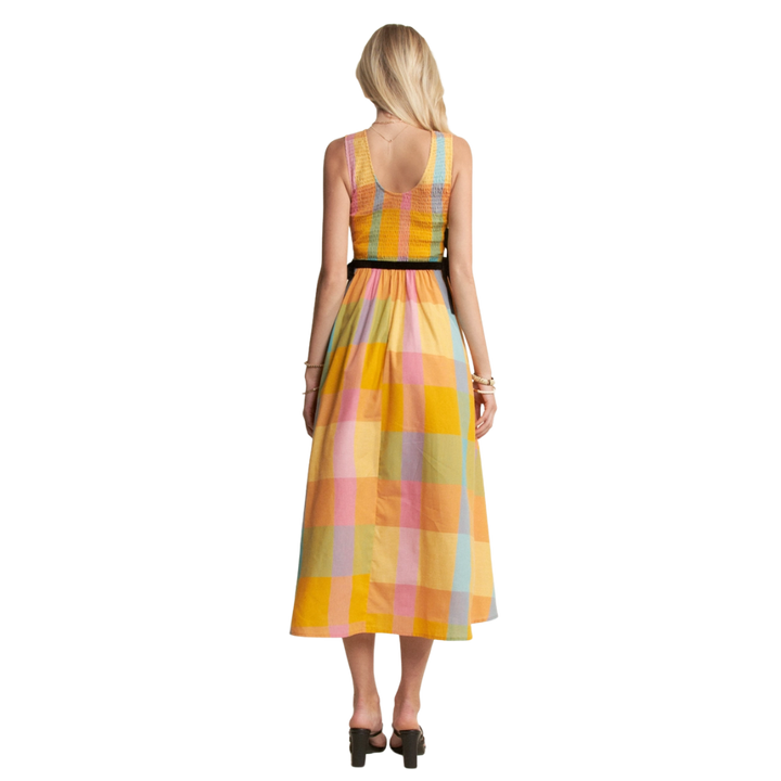 Multi Checker Smocked Waist Detil Midi Dress