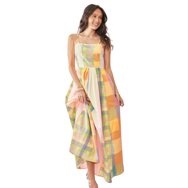 Stripe Plaid Color Smocking Midi Dress