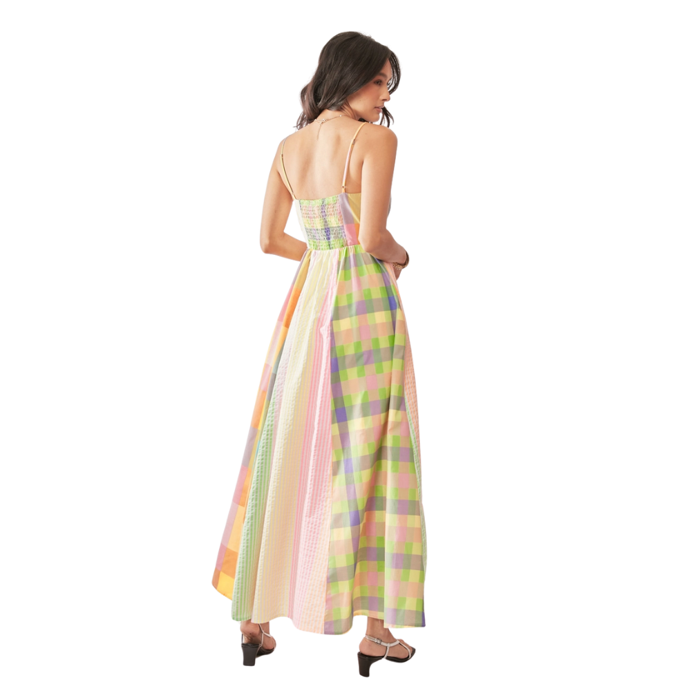 Stripe Plaid Color Smocking Midi Dress