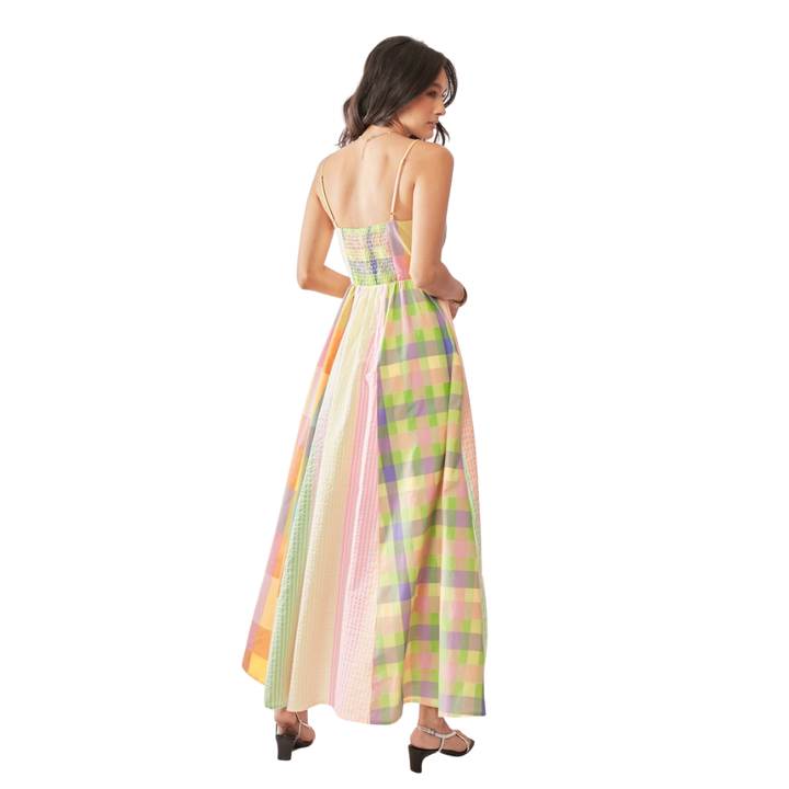 Stripe Plaid Color Smocking Midi Dress