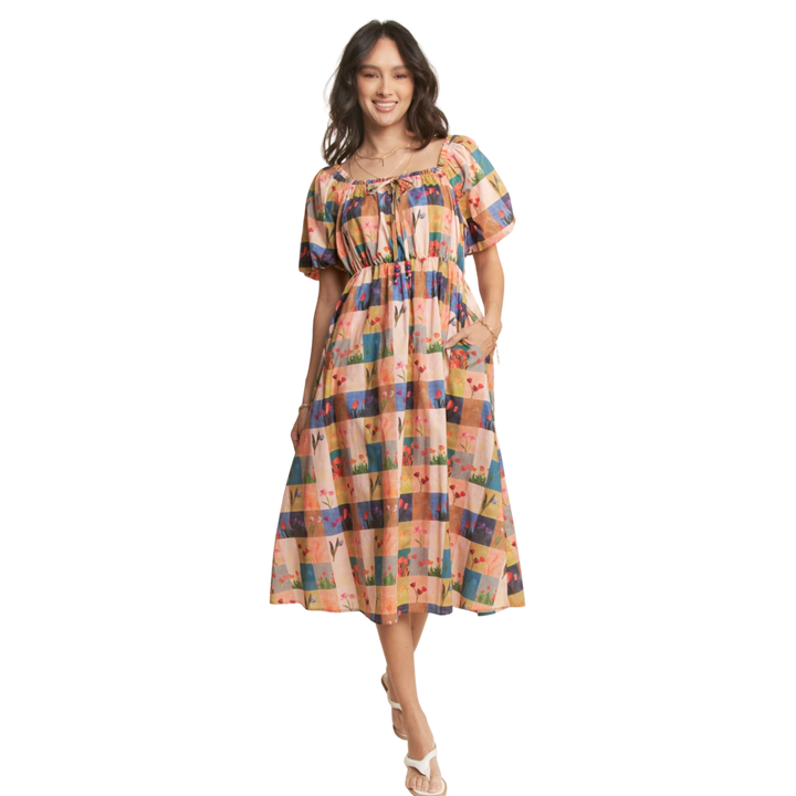 Multi Checker Floral Puff Sleeve Puff Midi Dress