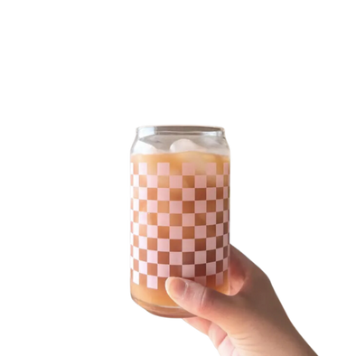 Soft Pink Checker Print 16 oz Can Glass Cup-Dishwasher Safe
