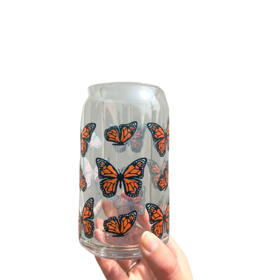 Orange Butterfly 16 oz Can Glass Cup