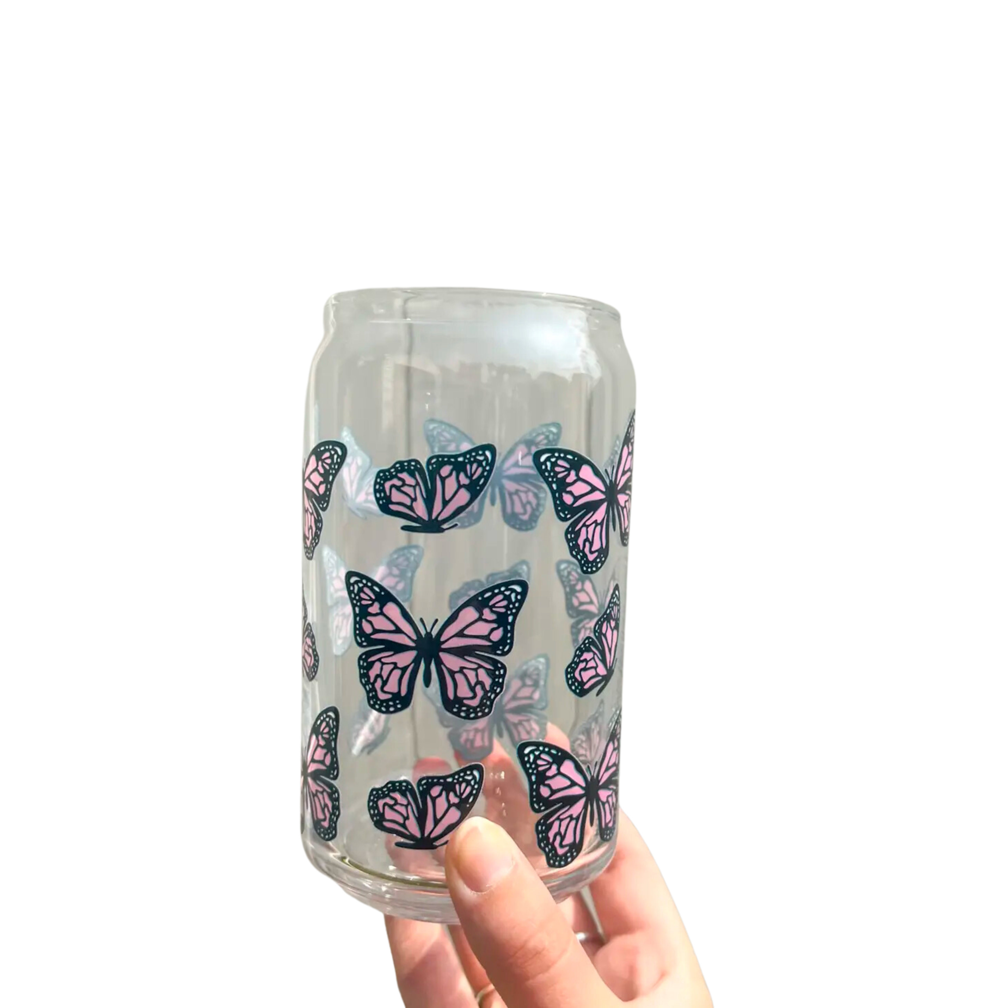 16 oz Pink Butterfly Glass Cup