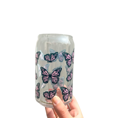 Pink Butterfly 16 oz Can Glass Cup