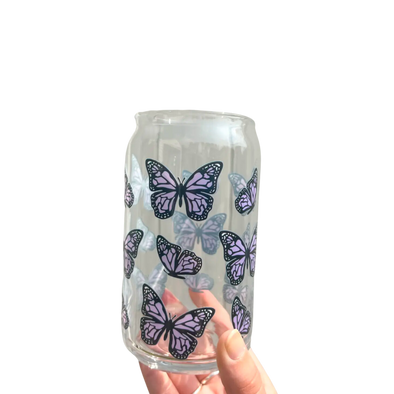 Purple Butterfly 16 oz Can Glass Cup
