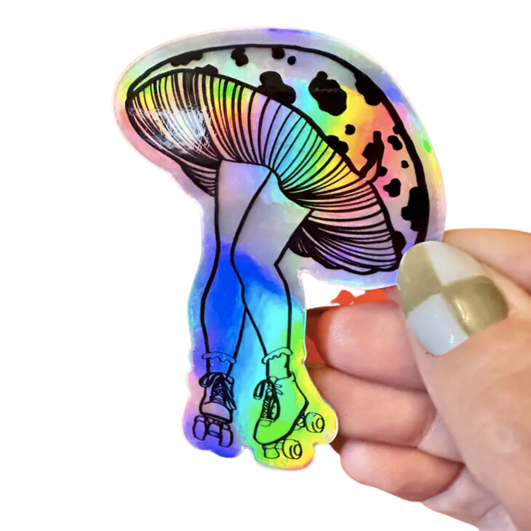 Holographic mushroom roller skater vinyl sticker