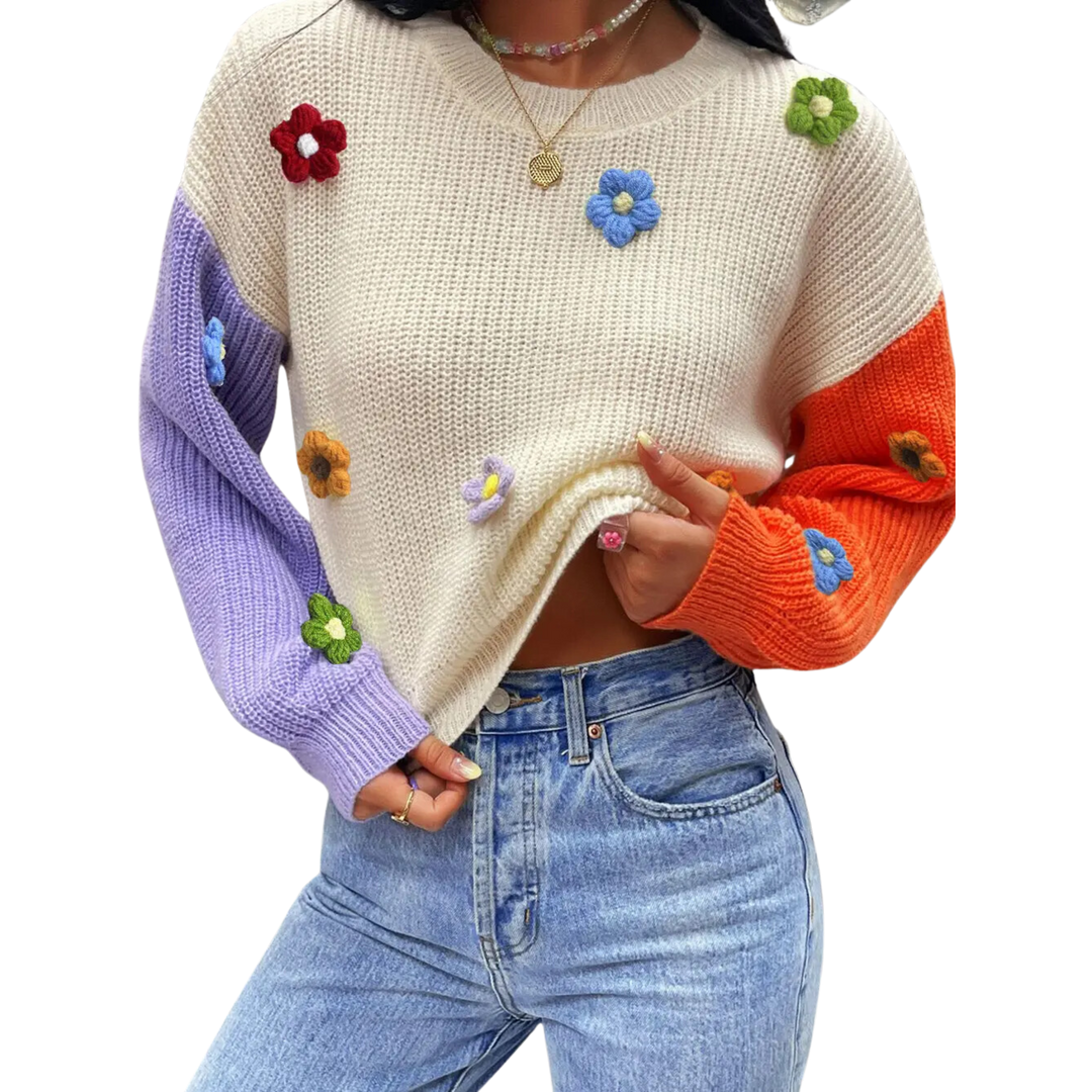 Flower Applique Colorblock Drop Shoulder Sweater