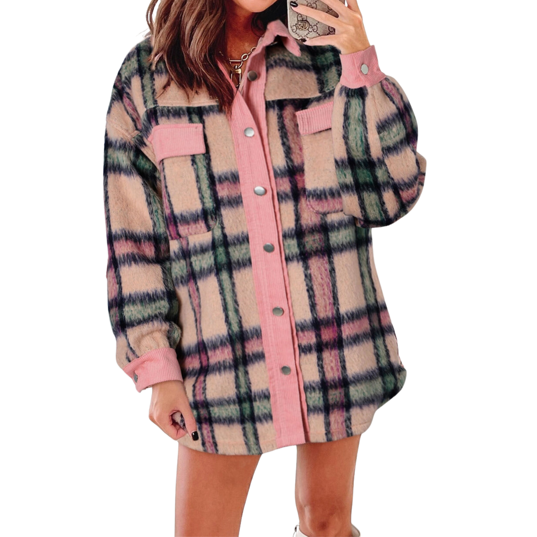 Fuzzy Plaid Corduroy Patchwork Shacket