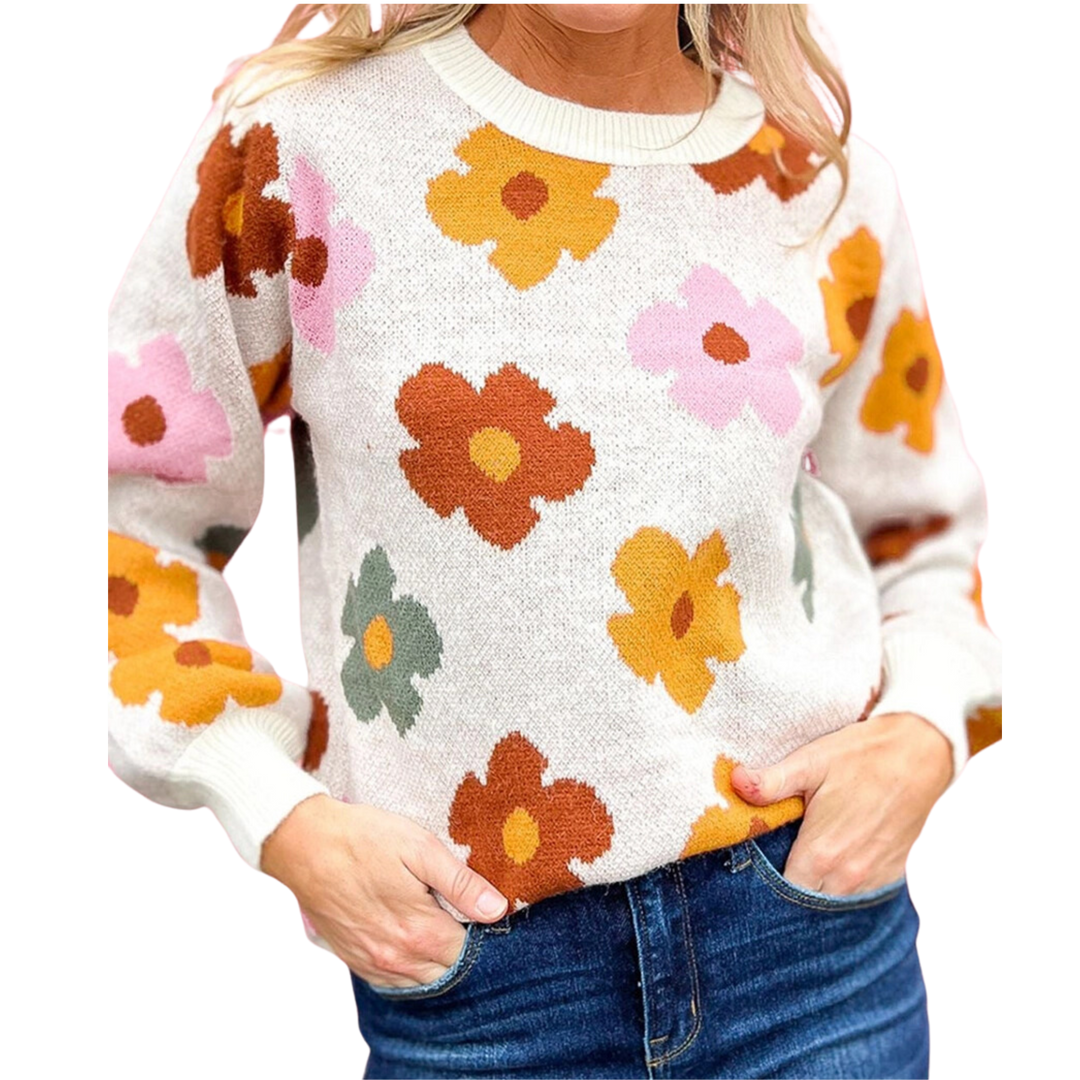 Sweet Flower Knitted Ribbed Hem Sweater