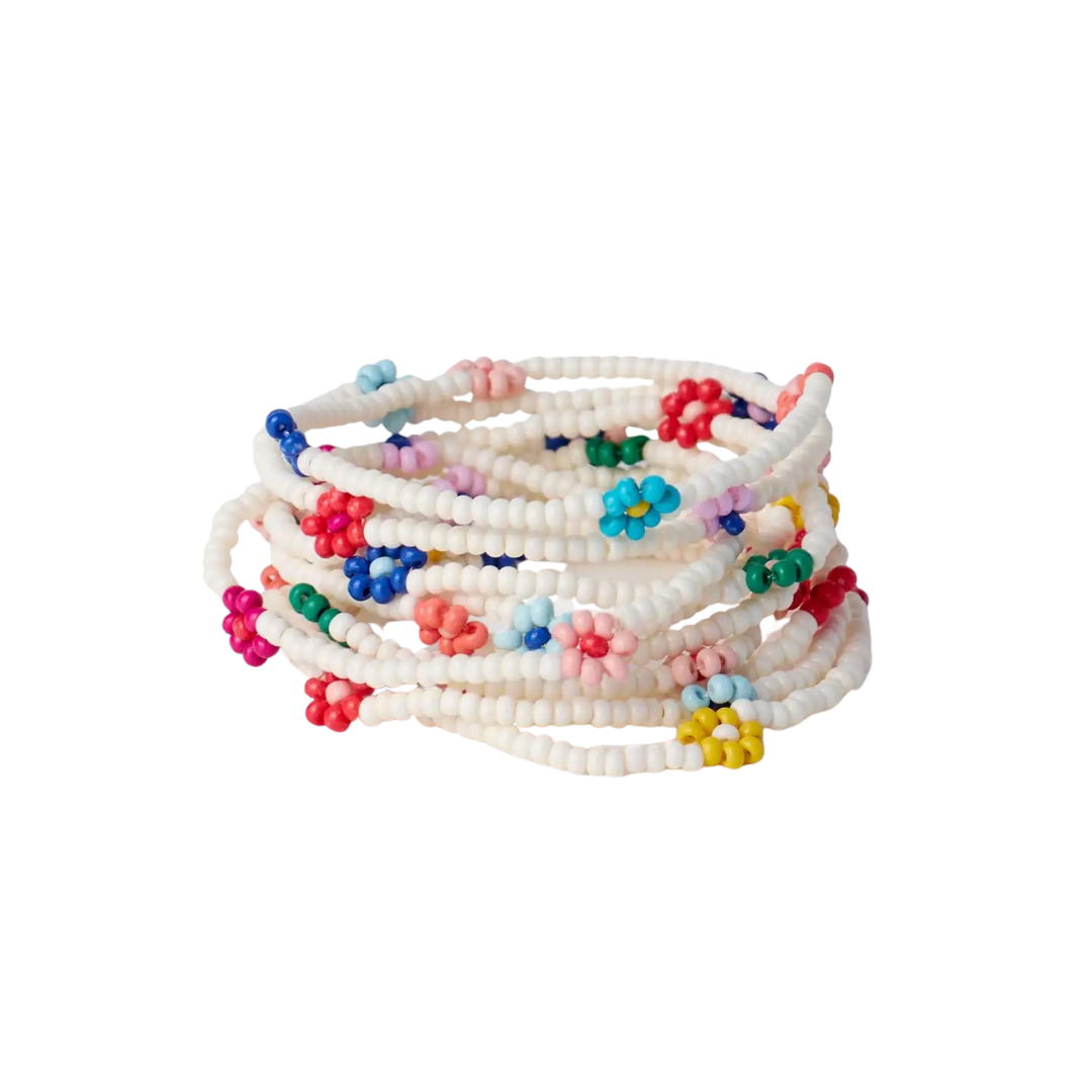 Sage Multi-Color Flower Beaded 10 Strand Stretch Bracelets