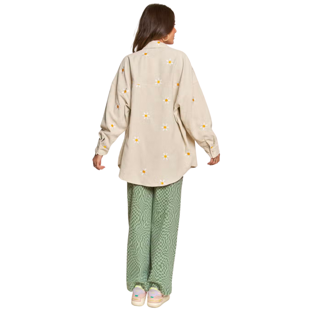 Corduroy Floral Embroidered Shaket- Almond