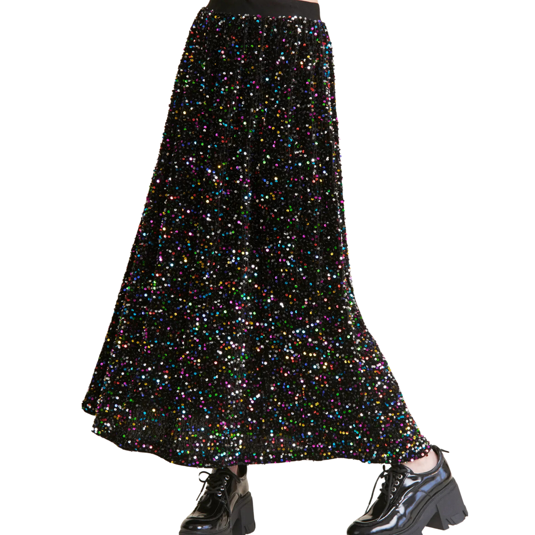 Waist Band Flowy Sequins Maxi Skirt - Black Rainbow