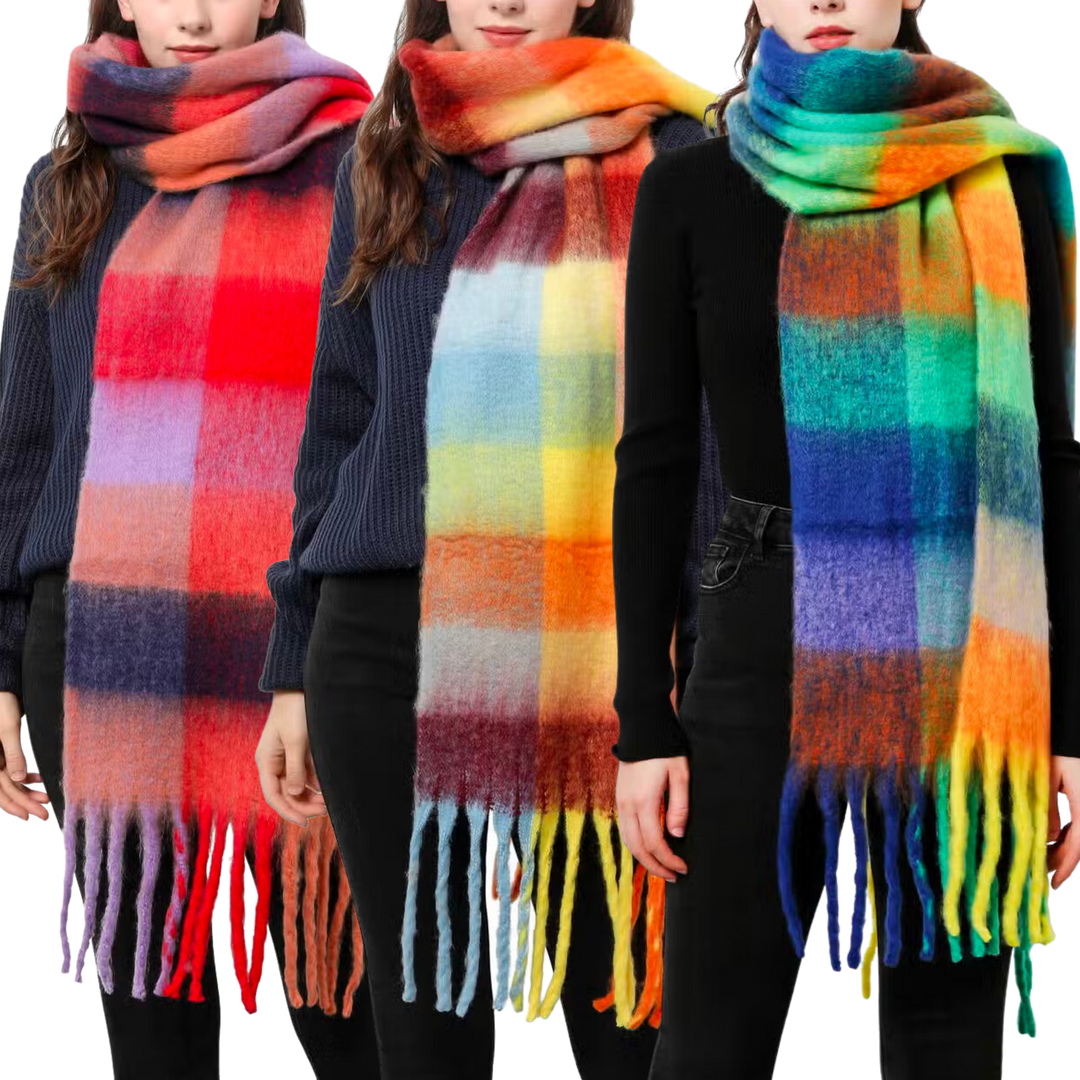 Plaid Long Fringe Fuzzy Scarf